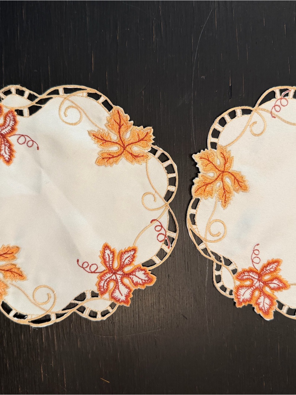 Cream Embroidered Autumn Leaf Doilies with Orange Accents Set/2 8”